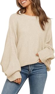 Fessceruna Women's Oversized Batwing Sleeve Knitted Winter Round Neck Ribbed Sweater