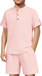 Arshiner Boys 2 Pieces Set Textured Henley Shirts & Shorts Set 4-12 Years