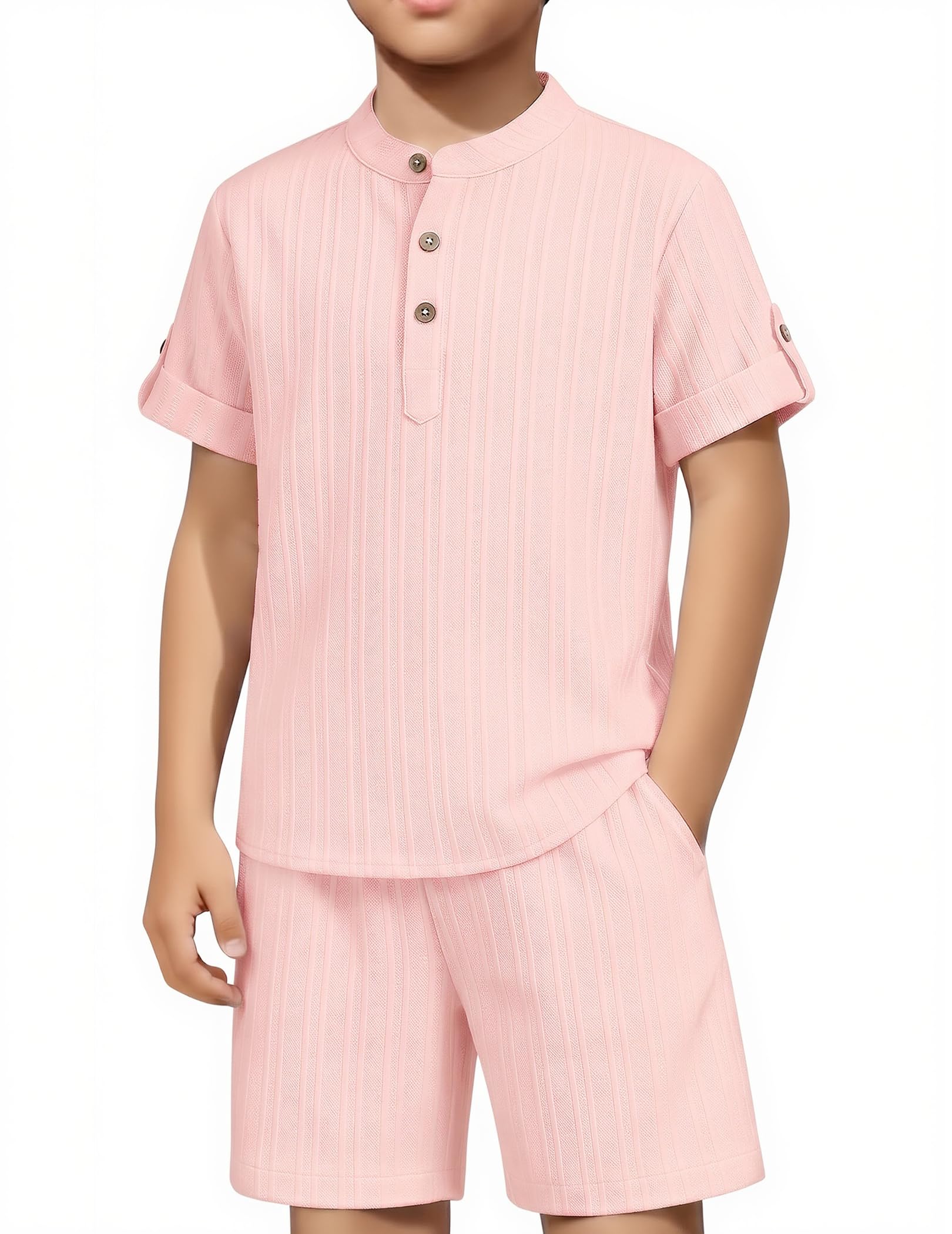 Arshiner Boys 2 Pieces Set Textured Henley Shirts & Shorts Set 4-12 Years