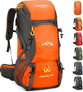 jianyana Hiking Backpack Waterproof 50L Foldable Rucksack Durable Lightweight Camping Bag with Rain Cover for Camping Trekking Hiking Walking Cycling Climbing Outdoor Sports for Women Men