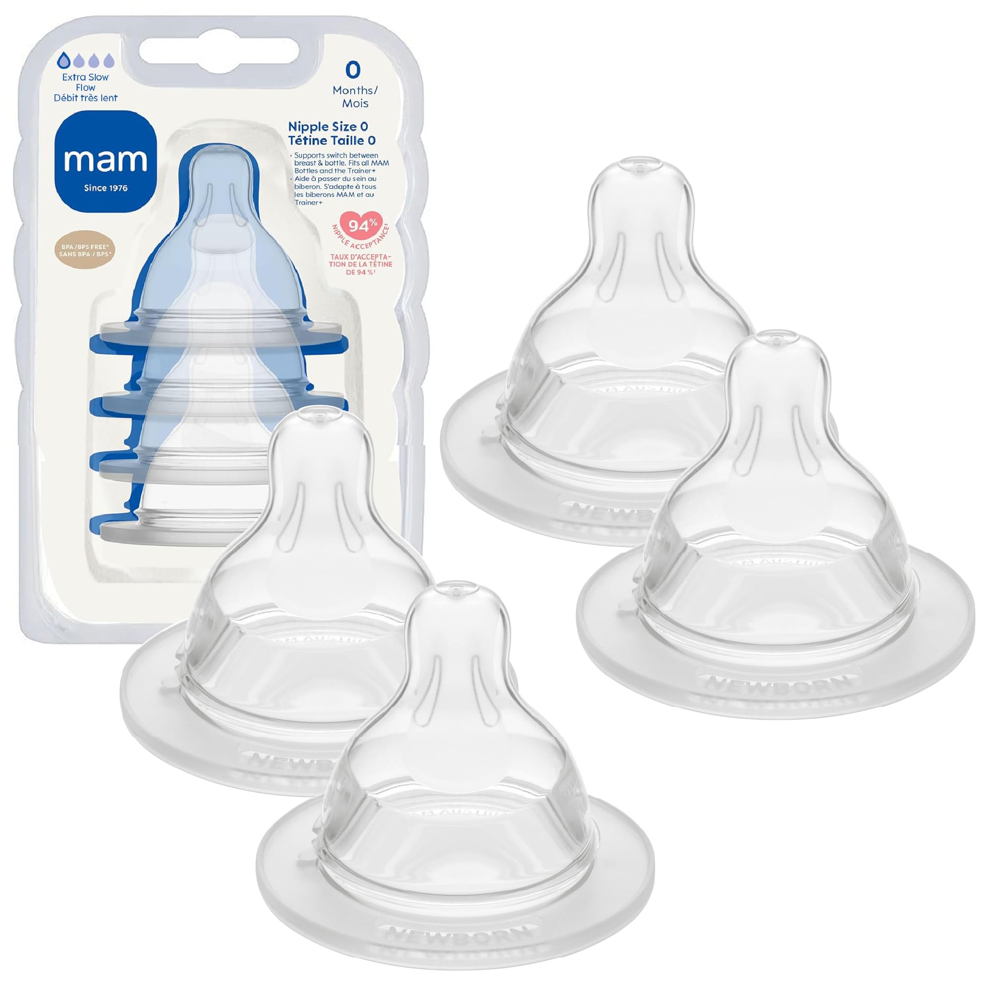 MAM Baby Bottle Anti-Colic Extra Slow Nipples Fits All MAM Bottles, 4 Pack | Siz