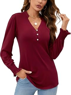 Rapbin Women V Neck Blouses Long Sleeve Button Down Long Sleeve Blouses Autumn Tops 2025 Ruffle Cuffs Elegant Casual T Shirts