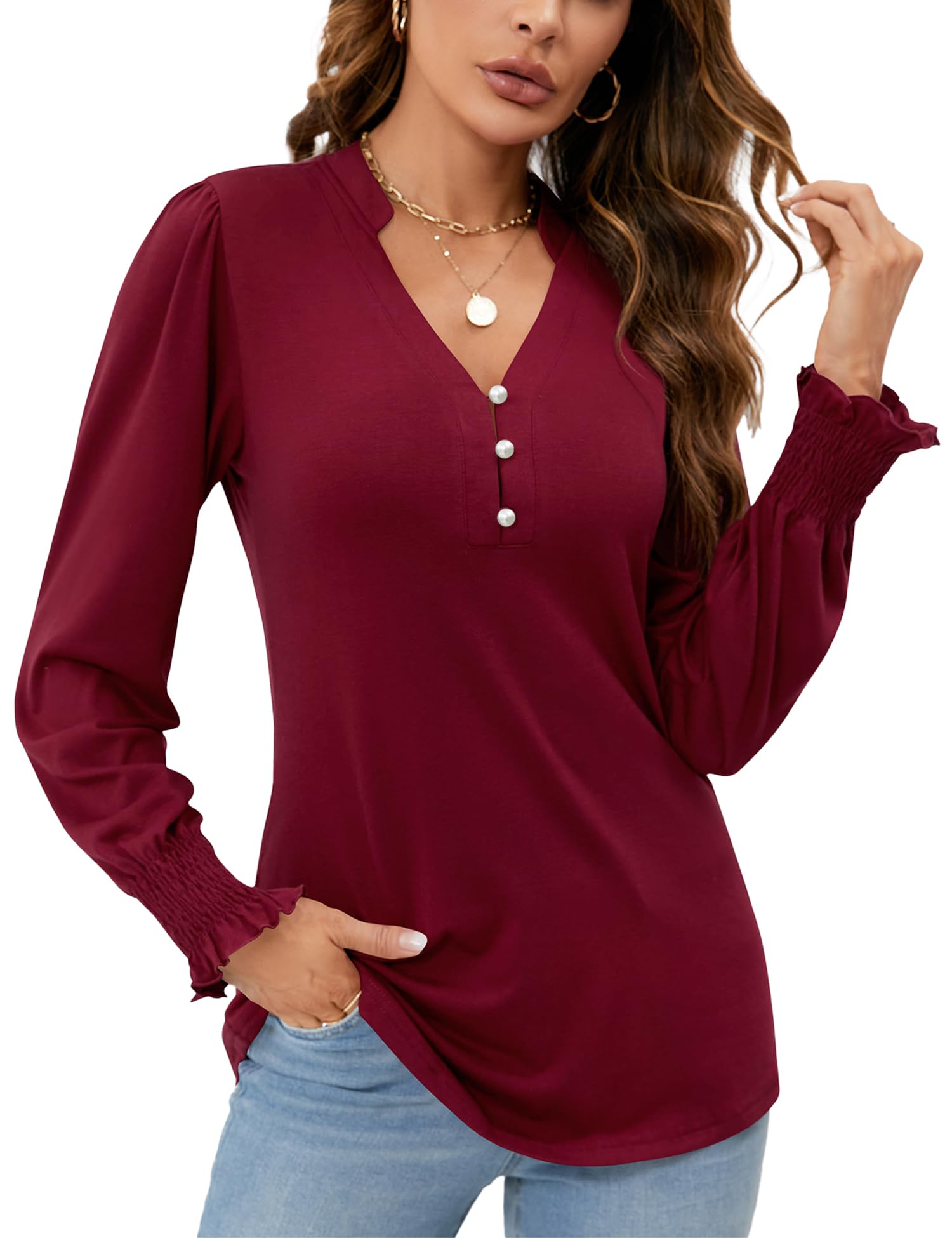 Rapbin Women V Neck Blouses Long Sleeve Button Down Long Sleeve Blouses Autumn T