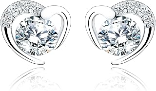 Silver Stud Earrings for Women, Stud Earrings White Gold Cubic Zirconia Heart Studs│Dainty Earrings Jewellery Gifts for Girls