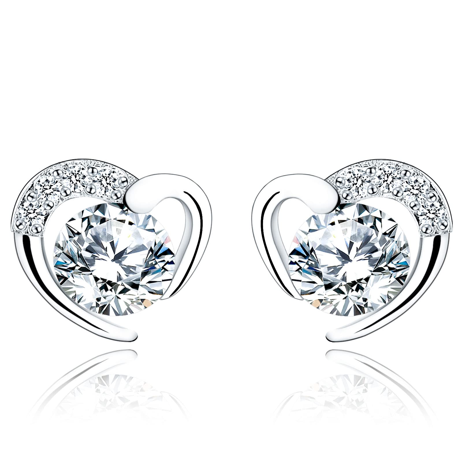 Silver Stud Earrings for Women, Stud Earrings White Gold Cubic Zirconia Heart St