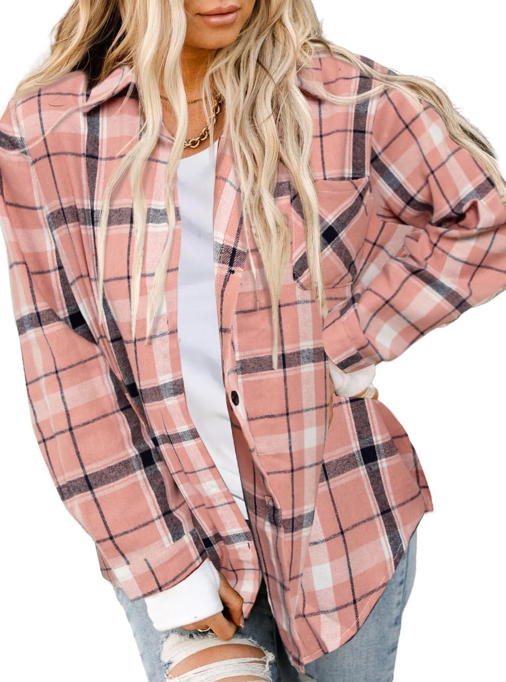 Asiertiy Women's Buffalo Check Flannel Shirt Long Sleeve Button Down Collar Ligh