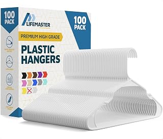 LifeMaster 100-Pack White Plastic Clothes Hangers - Lightweight, Durable with Smart Shoulder Grooves for Slip Dress and Bra - Space-Saving, Non-Slip Design for an Organized Closet