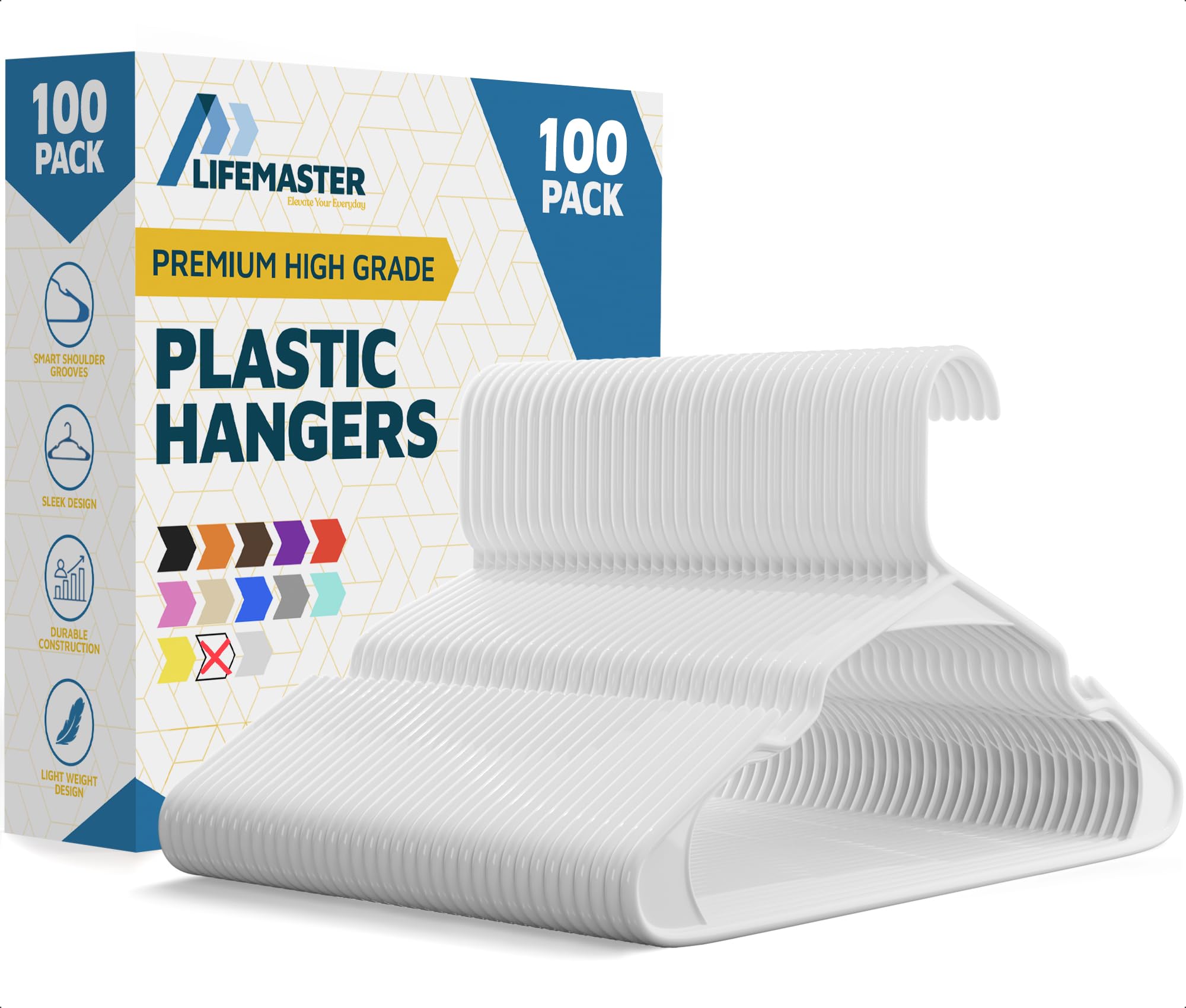 LifeMaster 100-Pack White Plastic Clothes Hangers - Lightweight, Durable with Sm