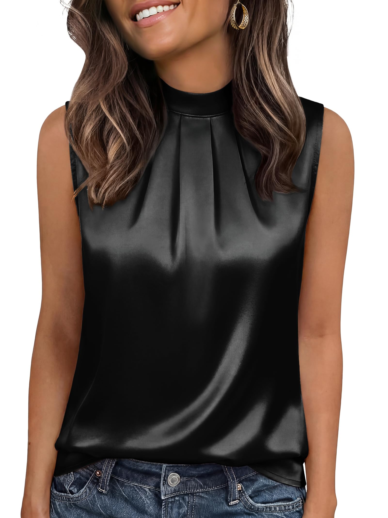 Funlingo Damen-Tanktops aus Seidensatin, Stehkragen, ärmellos, Business-Casual-P