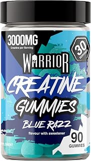 Warrior Creatine Monohydrate Gummies, 90 Gummies | Creatine Gummies, 1000mg Per Gummy, 3000mg Per Serving, 30 Day Supply, Vegan, Sugar Free, Strength & Recovery (Blue Razz)