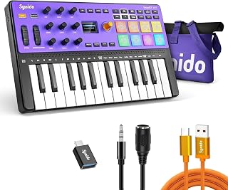 Synido Wireless 25 Keys USB MIDI Keyboard Controller Rechargeable with 8 Drum Pads, OLED Screen, MIDI In/Out/Thru, Professional BT Beat Maker Machine for Music Production, TempoKEY W25