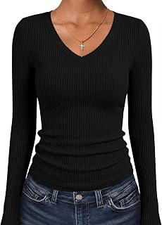 ANRABESS Women's Long Sleeve Shirts V-Neck Ribbed Kint Fall Tops