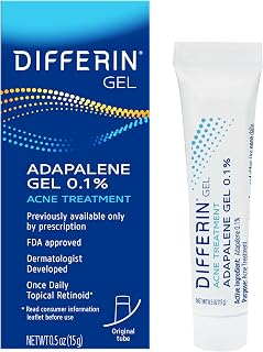 Differin Acne Retinoid Treatment Gel, 0.1% Adapalene, 15g Tube | Over-The-Counter Retinoid, Clears Acne And Prevents Breakouts, Gentle For Sensitive Skin, 30-Day Supply, 15G Tube