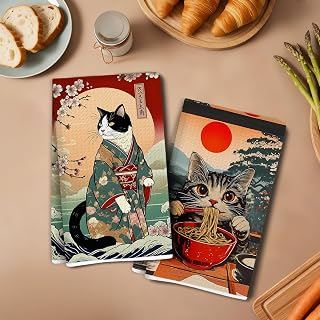 2 Pieces Japanese Retro Cat Kitchen Towels, Microfiber Soft Hand Towels for Bathroom, Ramen Kitchen Towels for Home Farmhouse Style, Gifts for Women Friends
