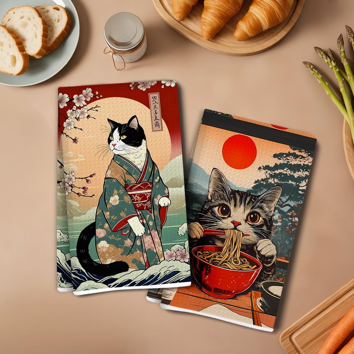 2 Pieces Japanese Retro Cat Kitchen Towels, Microfiber Soft Hand Towels for Bath