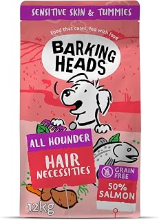 Barking Heads Complete Dry Dog Food 12kg - Adult All Hounder Hair Necessities Salmon - Natural Grain Free Hypoallergenic for Skin & Coat - Vet Approved