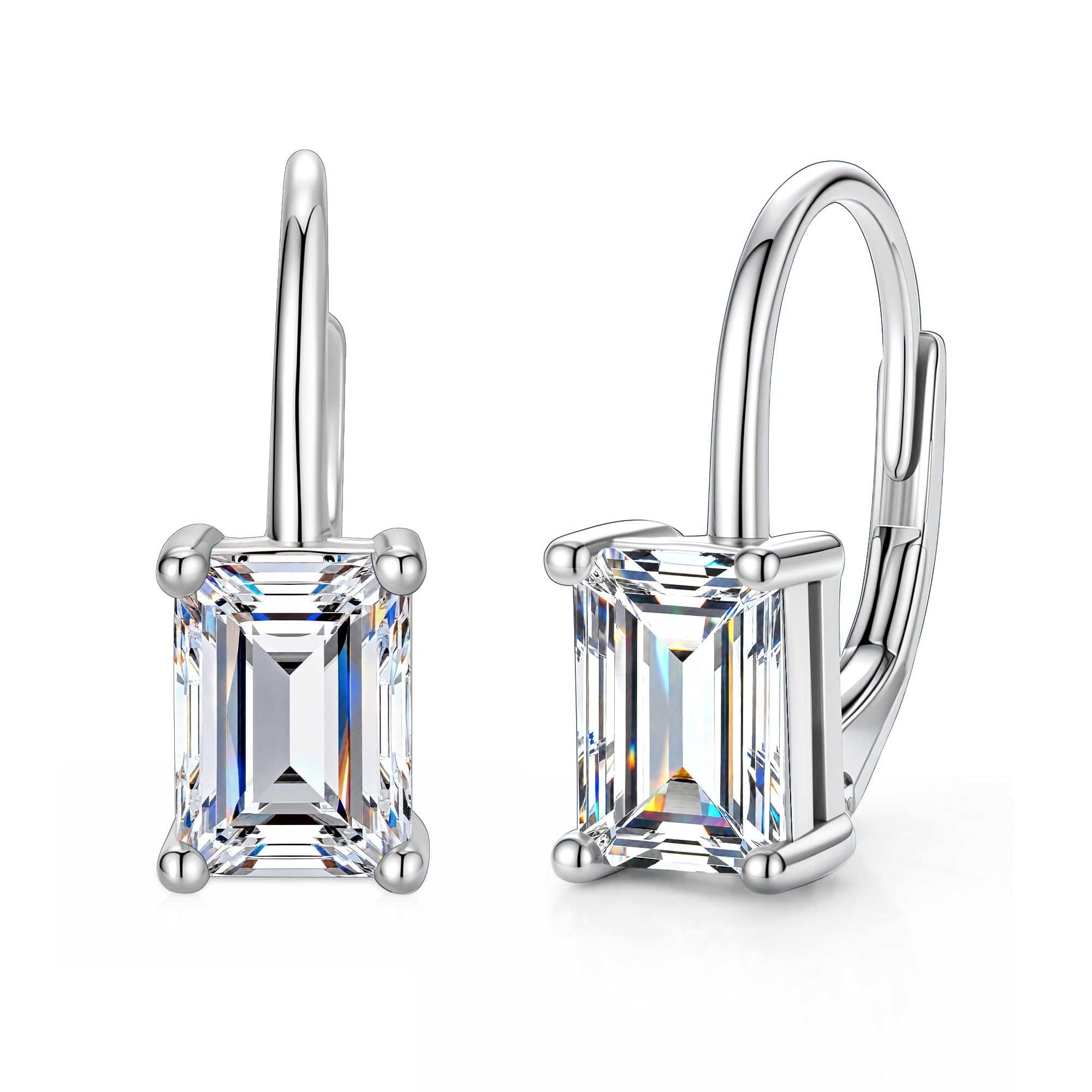 Moissanite Drop Earrings Emerald Cut Dangle Leverback Earring for Women 2ct