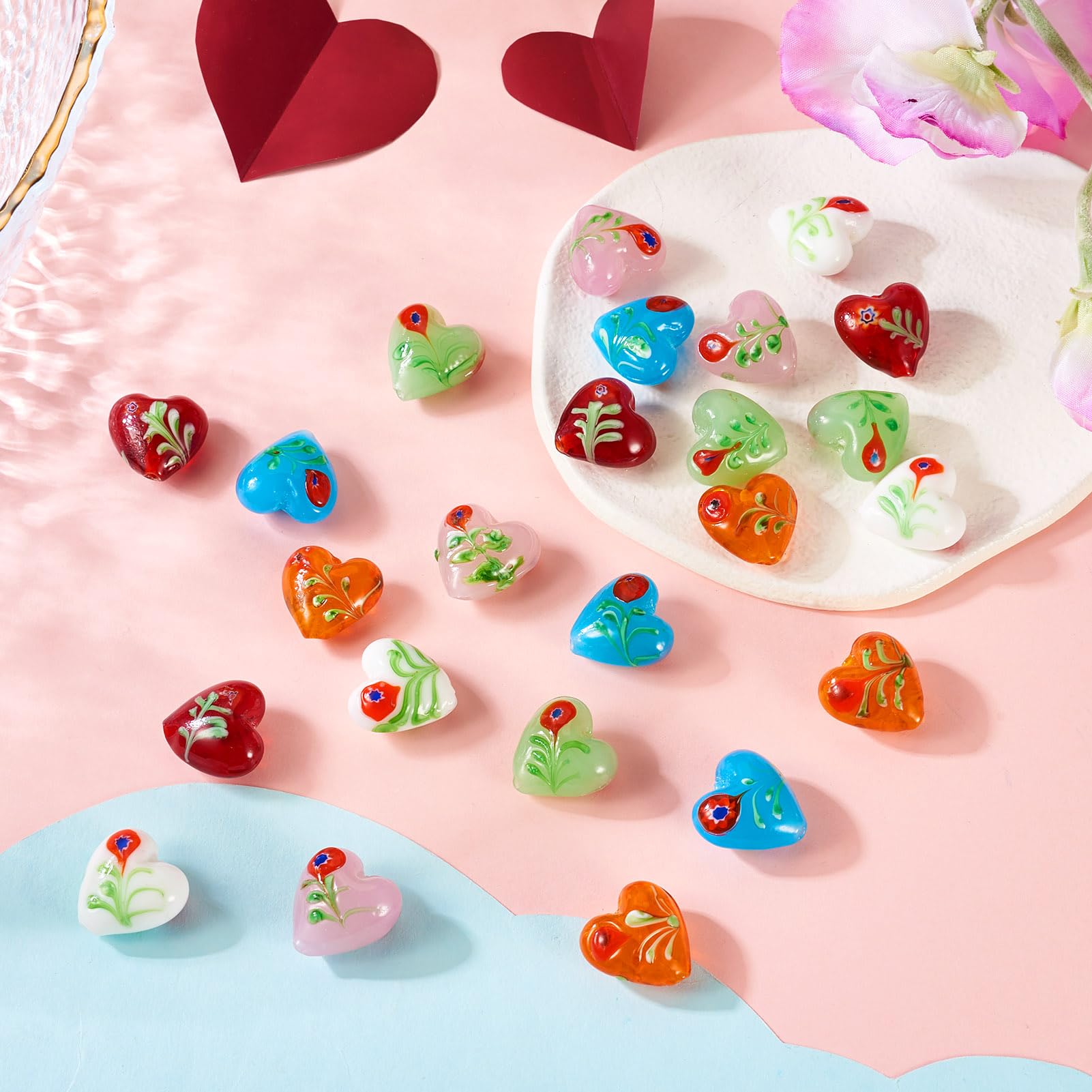 24pcs Heart Shape Crystal Glass Beads with Millefiori Flower Spacer Beads 19.5-2