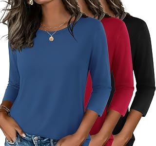 Zeagoo レディース トップス 3パック 3/4 スリーブ シャツ ベーシック Tシャツ 夏 秋 ブラウス