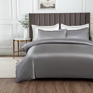Morbuy Satin Duvet Cover Set Single - Silky Bedding Set for Hair and Skin Care, Luxury Silk Feel Aesthetic Grey Bedding with 2 Pillowcases, Durable 105GSM High-Density Fabric, 135x200cm
