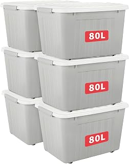 Cetomo 80L*6 Storage Boxes with Lids, Plastic Containers with Wheels, Clip On, Stackable, Uncastable, Striped Organizer for Home Office, Grey, 80L-6 Pieces