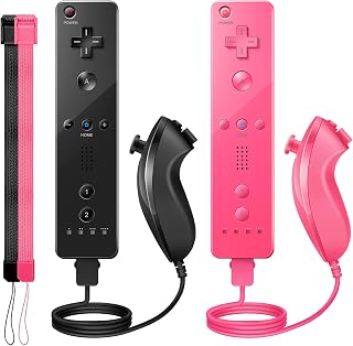PGYFDAL Wii Controller 2 Pack, Wii Remote Controller and Nunchuck Joystick with Silicone Case and Wrist Strap for Holiday (Black and Pink)