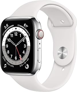 Apple Watch Series 6 (GPS + Cellular, 44mm) - Silver Stainless Steel Case with White Sport Band (Renewed Premium)