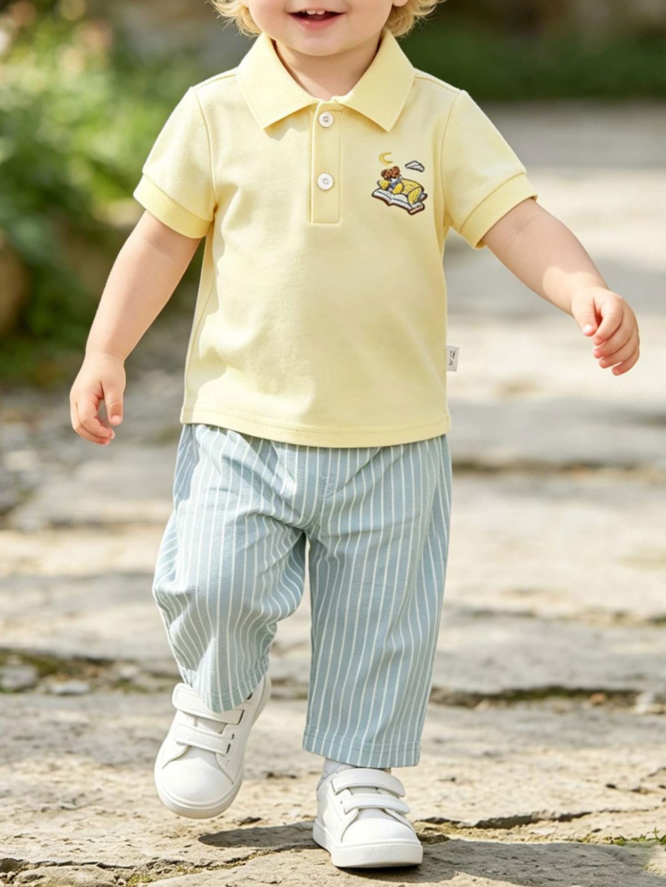 2 Pieces Baby Boys Summer Set, Cute Bear Embroidery Polo Shirt and Striped Long 