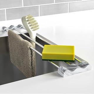 Tomorotec Over The Sink Telescopic Dish Drainer Rack, Adjustable Length Rolling Kitchen Rack, Sponge Scrubber Rest, Heat Resistant Stainless Steel, Slim with Silicone Holder (Marble Style)