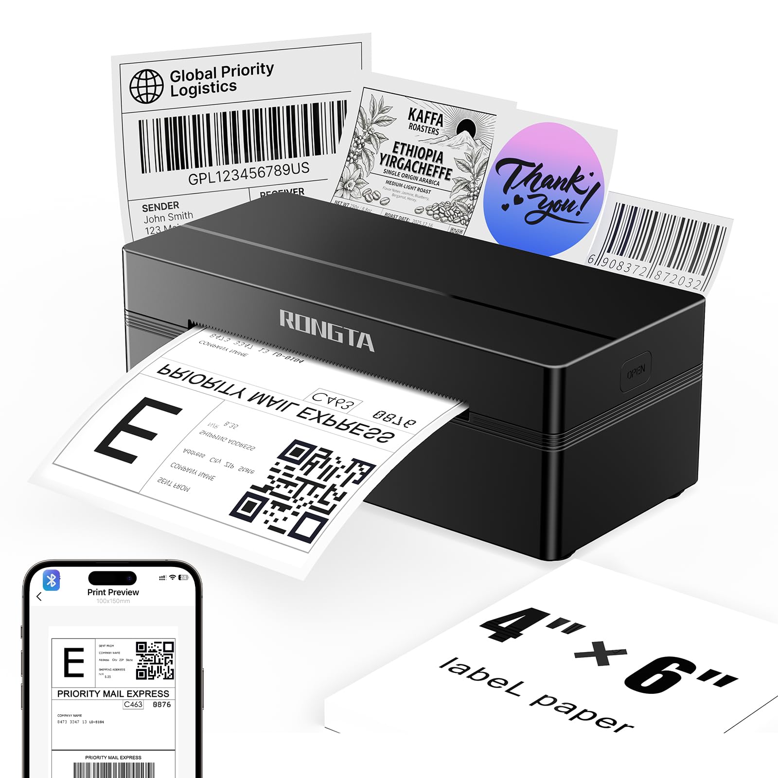 Rongta Bluetooth Shipping Label Printer, Wireless 4x6 Thermal Label Printer for 