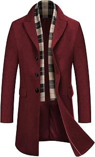 COOFANDY Abrigo de mezcla de lana para hombre con bufandas a cuadros Cuello muesca Abrigo de guisante de un solo pecho, Longitud más larga: rojo vino, Small