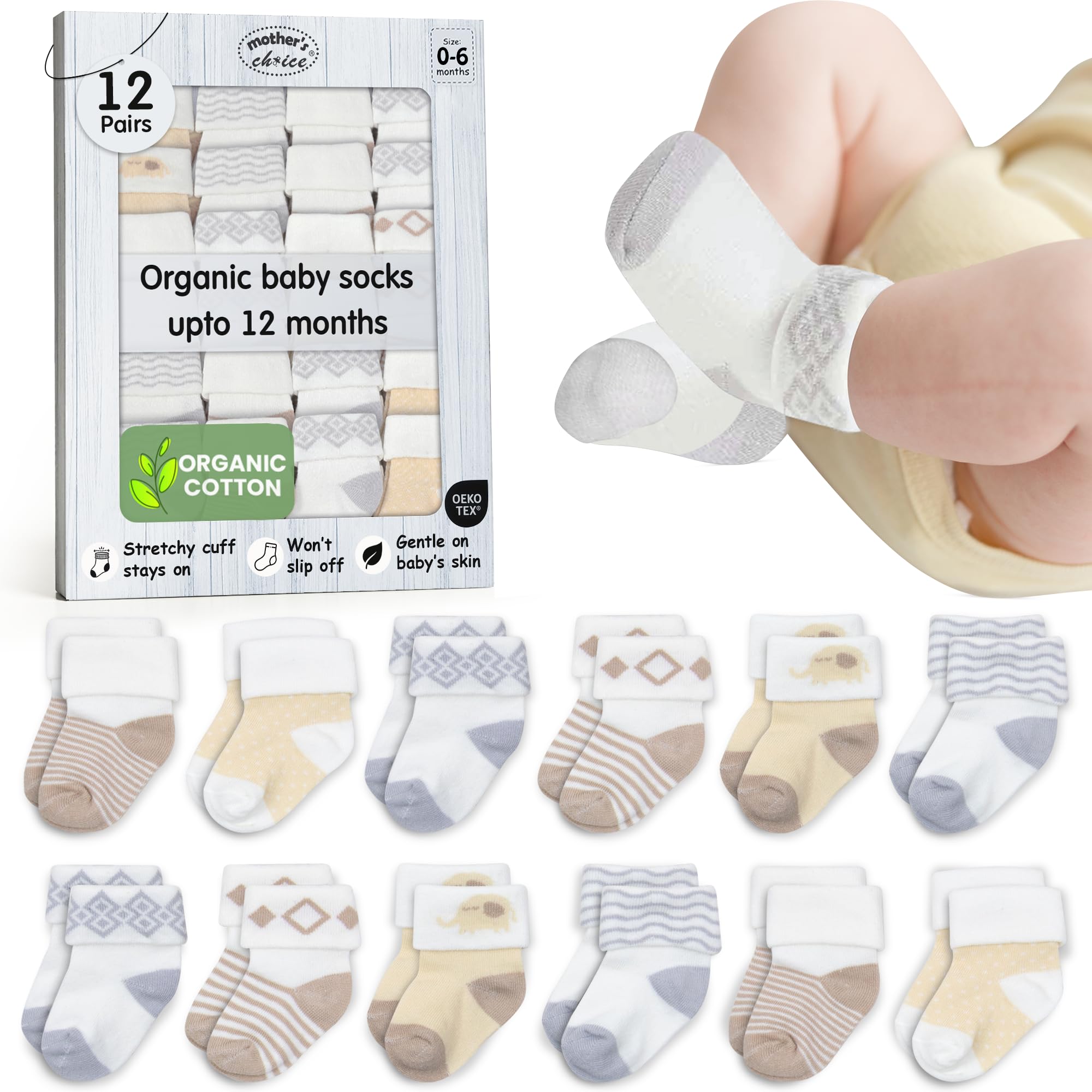 Organic Cotton Baby Socks 12 Pairs Newborn Infant 0-6M Hypoallergenic | Oeko-Tex