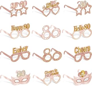 Guiruiy 24PCS 80th Birthday Decorations Paper Eyeglasses Prop for Women | Guiruiy Pink Rose Gold Happy 80th Birthday Cheers Eighty Years Old Paper Glasses Photo Props Party Supplies for Mom Grandma