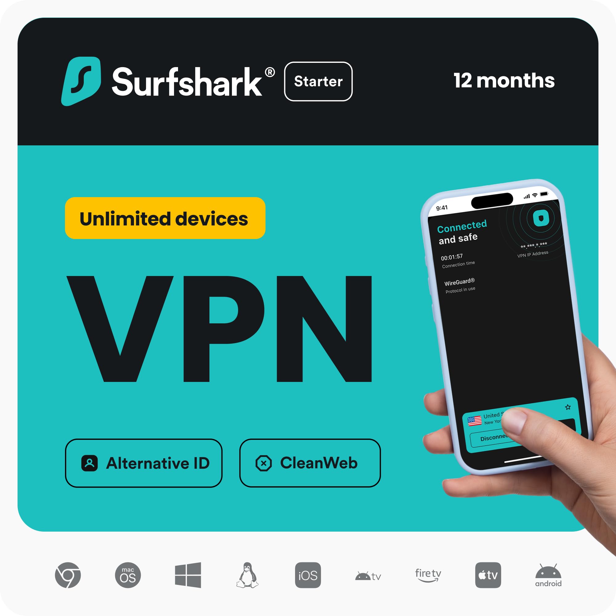 Surfshark Starter VPN | Unlimited Devices | 12-Month | Ad Blocker | PC/Mac/Mobil