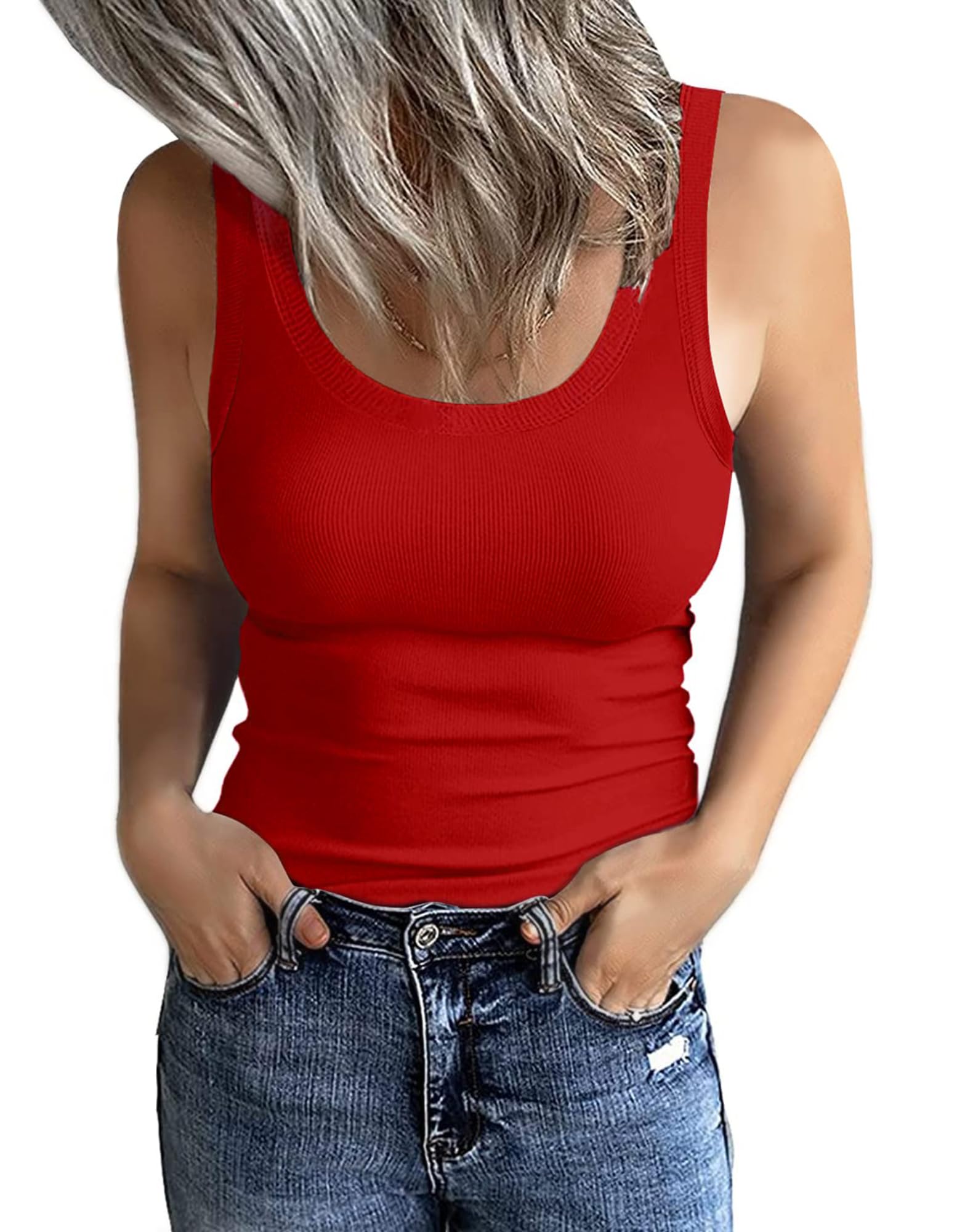 GEMBERA Women's Scoop Neck Sleeveless Ribbed Tank Tops