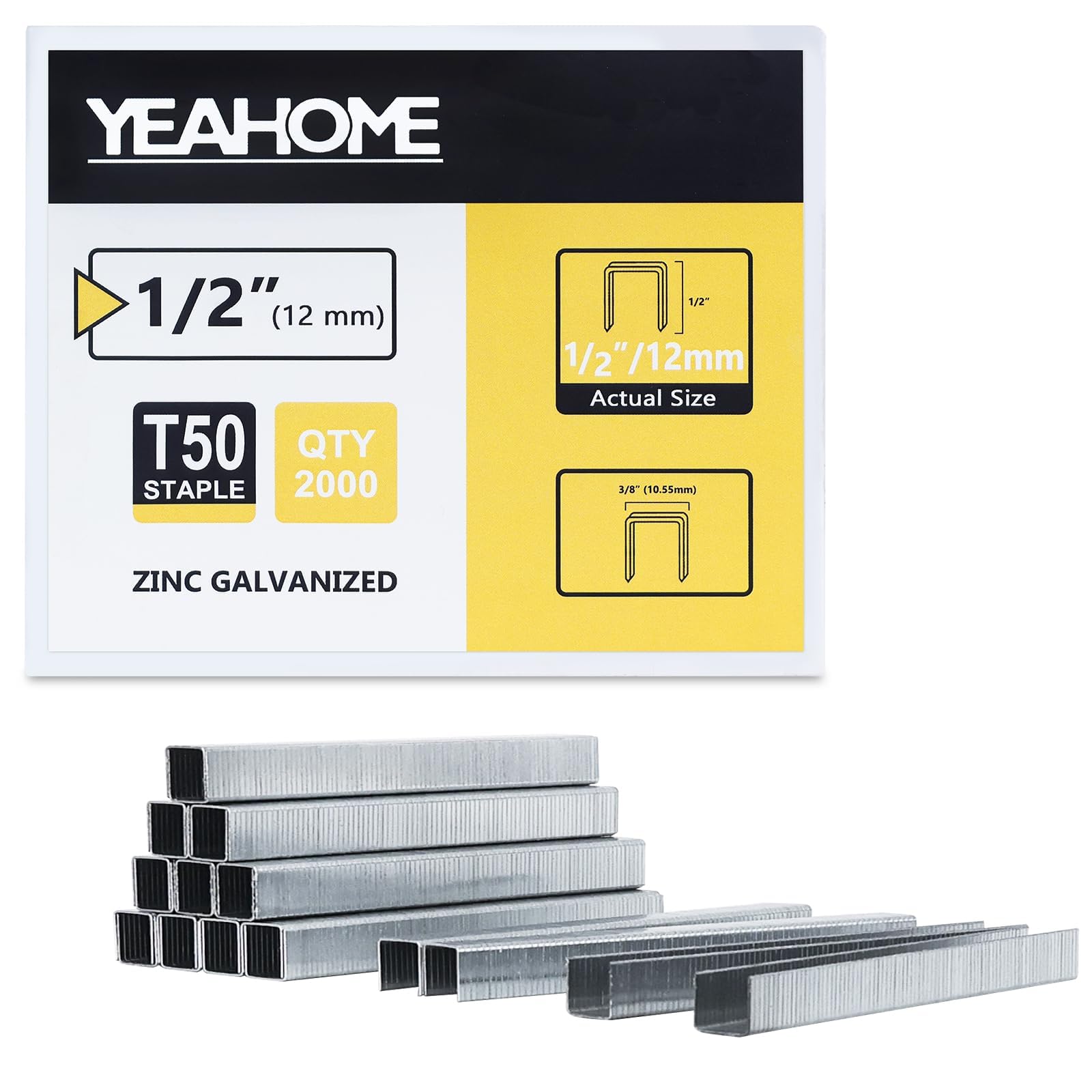 YEAHOME Heavy Duty Staples, 2000 Counts 1/2 inch T50 Staples, 20 Gauge Galvanize