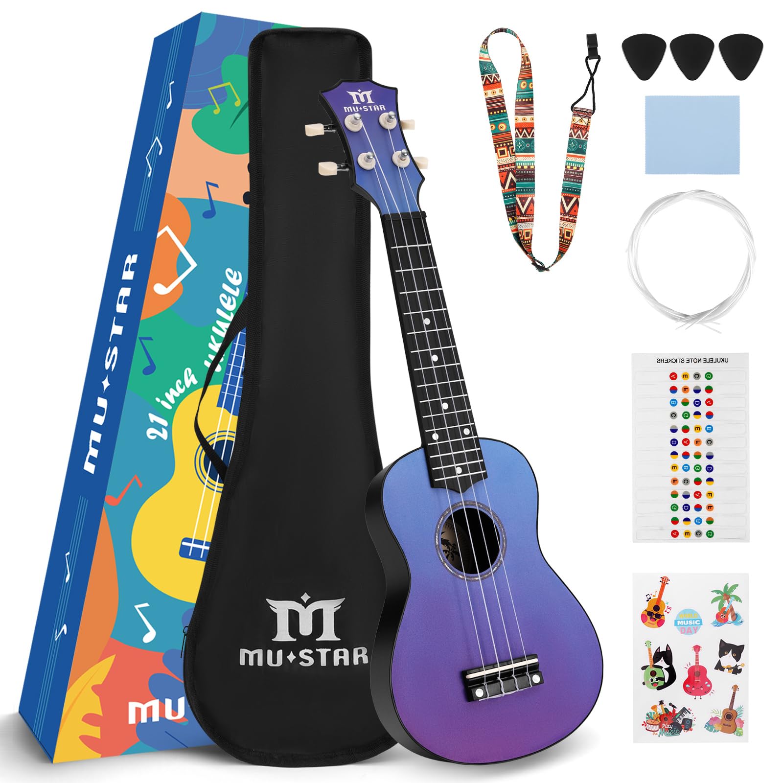 MUSTAR 21 Inch Soprano Basswood&ABS Blue-Purple Ukulele Set for Beginners | Ukul