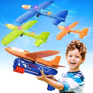 Fuwidvia 3 Pack Airplane Launcher Toys, 13.2 in LED Foam Glider Kids 4-12 | 3-Pack 13.2 in LED foam gliders with 2 flight modes, Outdoor Flying Toys Birthday Gifts for Boys Girls 4-12 Year Old