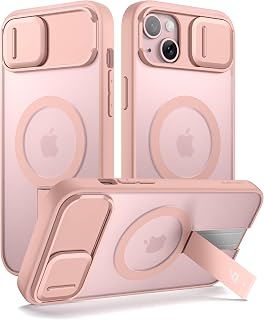 SURITCH for iPhone 14 Plus/15 Plus Case, Compatible with MagSafe, Built-in Kickstand & Camera Cover & Translucent Back, Shockproof Rugged Protective Phone Cover 6.7 Inch, Pink