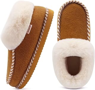 KuaiLu Women's Winter Warm Closed Slippers Felt Plush Leather Comfortable Memory Foam Slippers for Home Non-Slip Sole