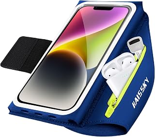 Running Armband Phone Holder, Sports Mobile Armband with Airpods Zipper Pocket, Adjustable Sweatproof Sports Strap for iPhone 16 15 14 13 Pro Max, Up to 6.9