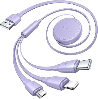 LISEN Multi Charger Cable, Retractable USB C to USB Charging Cable 3 in 1 Charger Lighting/Micro USB Cable, Travel Chargers for Multiple Devices for iPhone 17 16 15 14 Pro/Galaxy S25/Switch2, Purple
