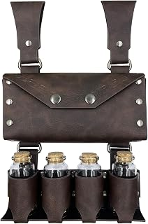 HiiFeuer Alchemy Medieval Faux Leather Belt Bag with 4 Cork Potion Flasks, Fancy Wizard Waist Bag for Halloween (Brown A)