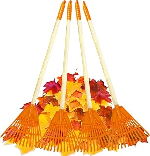 POMIKU Kids Rakes, 4 Pieces 31" Heavy Duty Lawn Tool for Leaves, Child Size, Plastic Head & Wooden Handle, Gardening Tools for Boys Girls Gifts Age 3 Year Old and Up
