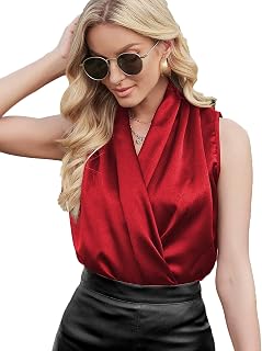 Women's Elegant Satin Wrap V Neck Sleeveless Tank Blouse Tee Top