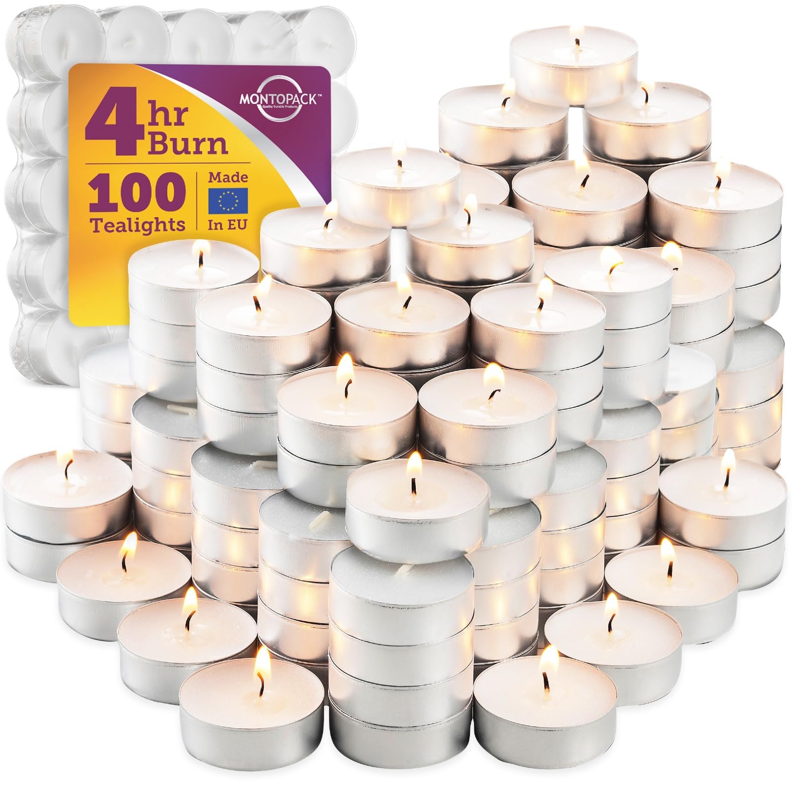 MontoPack Unscented Tea Light Candles 100 Pack | 4 hours, White, Smokeless, Drip