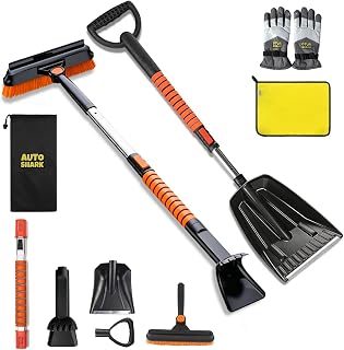 AutoShark 7 in 1 Snow Shovel &amp; Snow Brush Kit, 47.2" Ice Scrapers &amp; Snow Shovel Kit, Car and 360° Pivoting Car Scraper Snow, 7 in 1 Extendable Snow Brush with Foam Grip Glove.