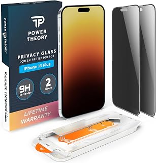 Power Theory compatible with iPhone 16 Plus Privacy Screen Protector Shatterproof Tempered Glass, 2 Pack, Easy installation, Anti-Spy, Bubble Free, Case Friendly, Anti-Scratch, Anti-Smudge