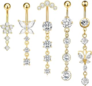 YAWYO 5 Pcs Belly Button Bars, Stainless Steel Belly Button Ring Set Dangly Piercing Jewellery with Heart Bow Navel for Women Girls