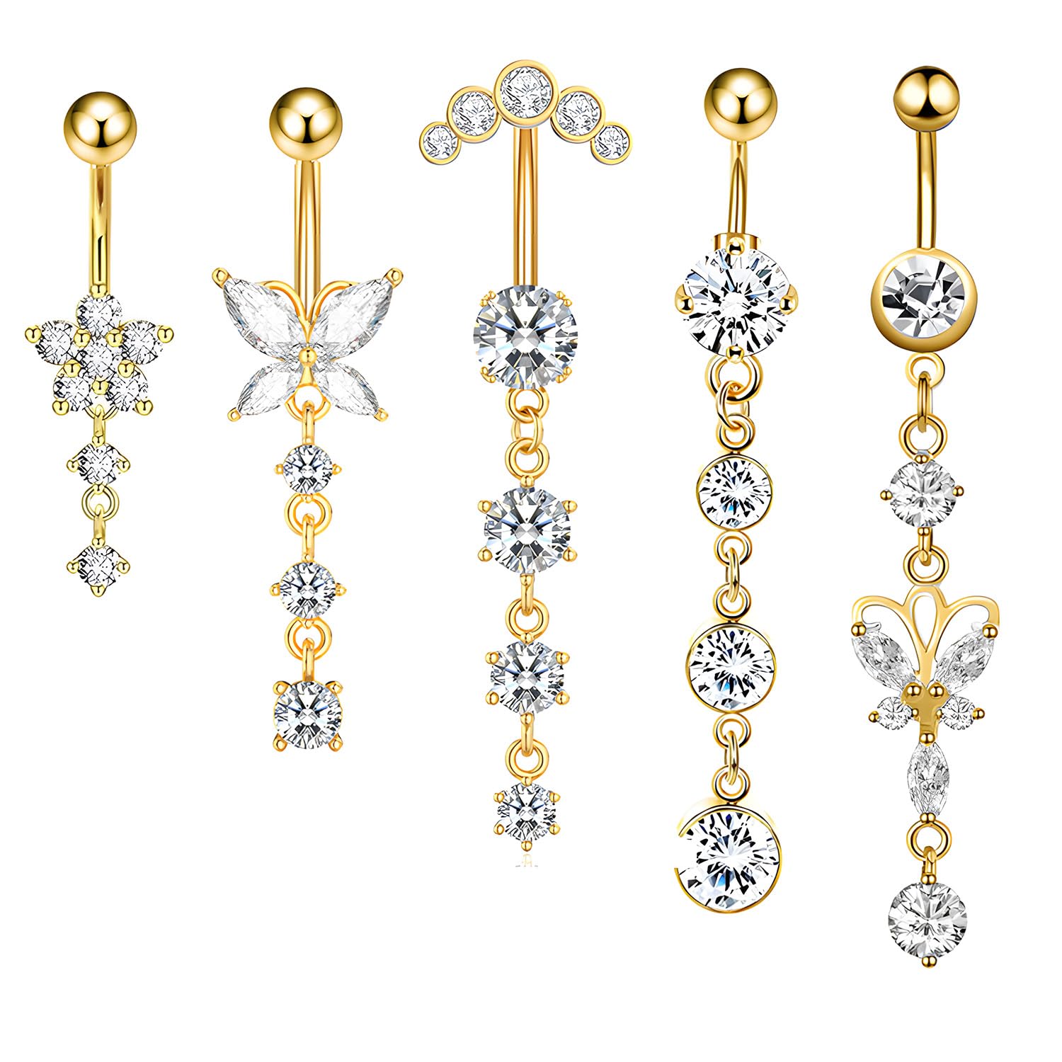 YAWYO 5 Pcs Belly Button Bars, Stainless Steel Belly Button Ring Set Dangly Pier